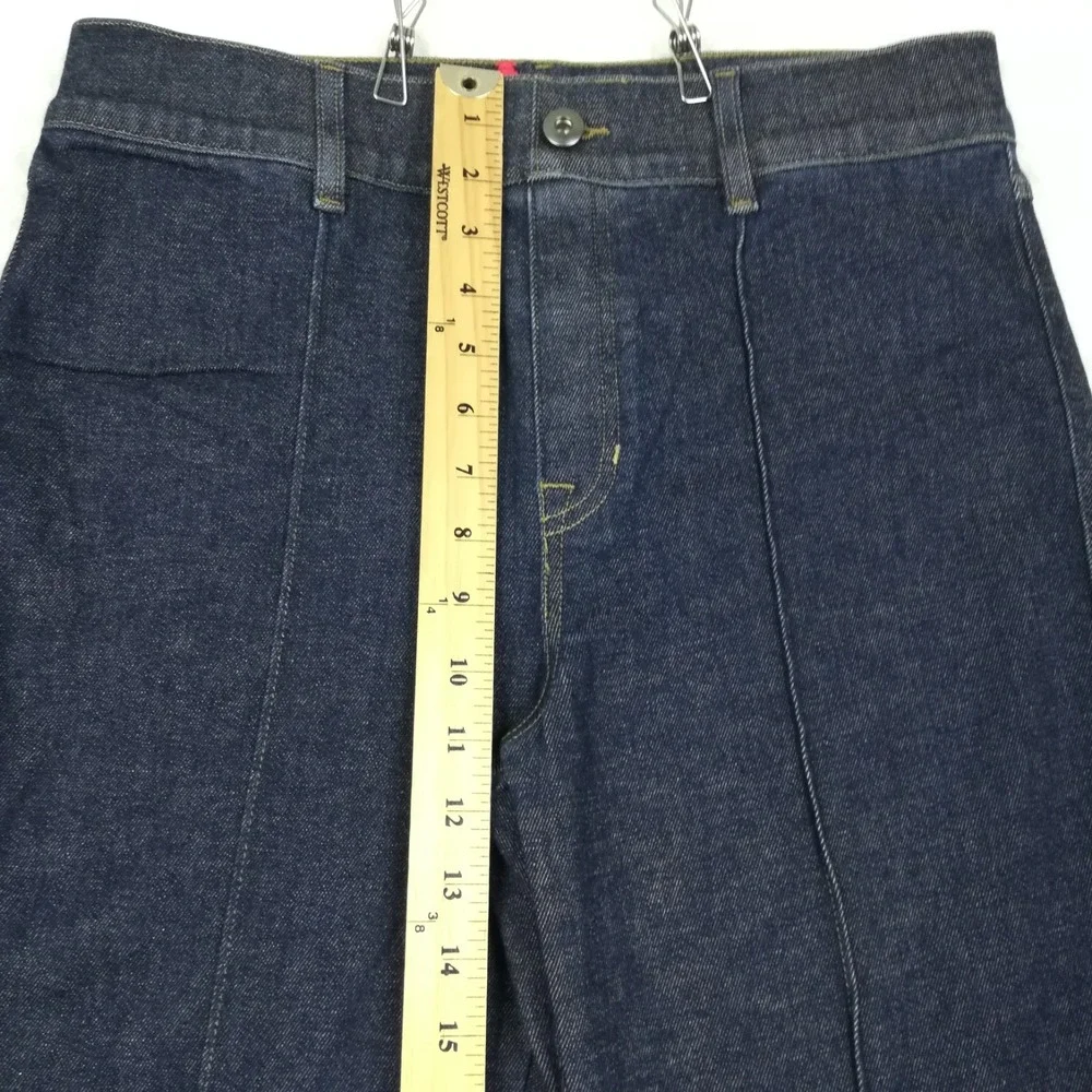 Spanx Womens Jeans Flare Leg Blue Denim Dark Wash Pintuck Seam Pull On High L